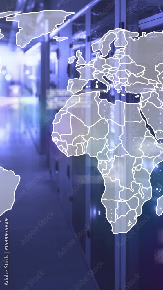Poster world map overlay on data center servers with digital connections animation