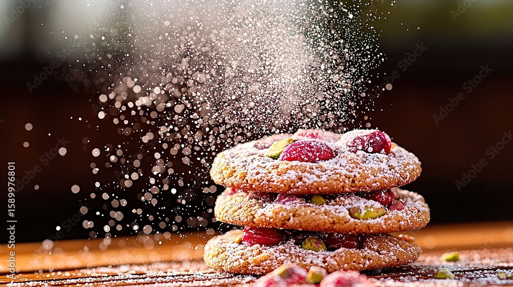Poster a cookie tower capped with raspberry dust rests atop wooden table