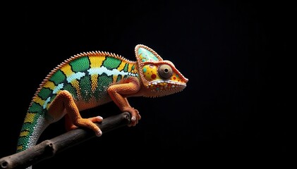 Naklejka premium Elegant female Fischer's chameleon, stark black background, detail, lizard, female