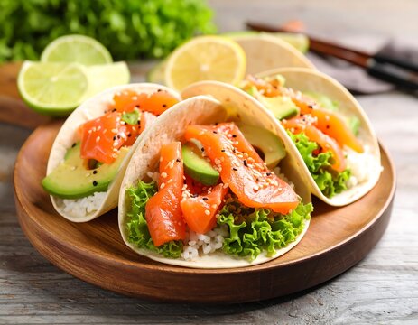 Fresh salmon tacos, vibrant colors - Powered by Adobe