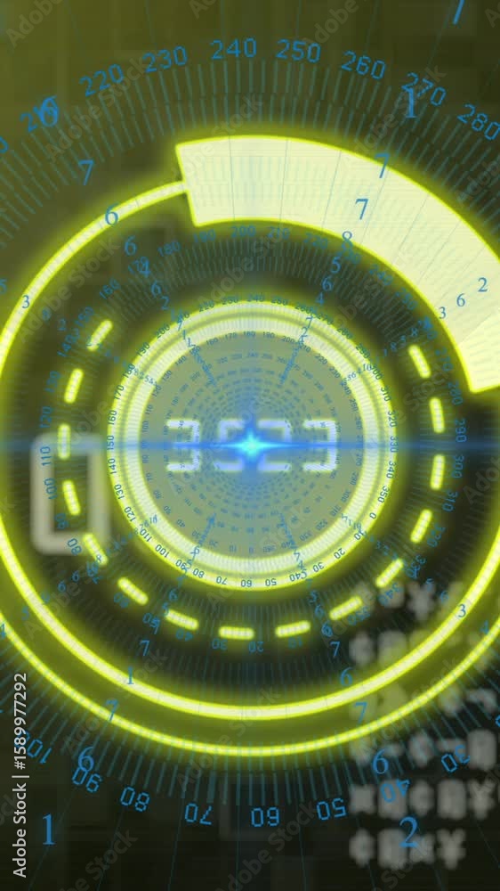 Poster animation of rotating yellow circles with numerical data overlay on digital interface