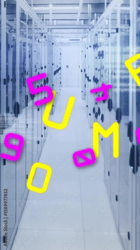 Poster animation of colorful letters floating over server racks in data center corridor