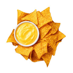 Bowl of yellow dip sits on top of a pile of tortilla chips