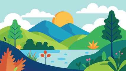 Fototapeta premium Colorful Flat Design Landscape with Mountains Lake and Sunrise