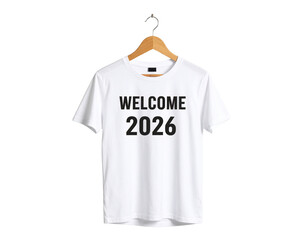 White T-Shirt Hanging on Wooden Hanger with 2026 Welcome Message, isolated PNG.