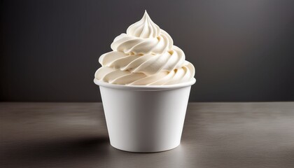 creamy soft serve ice cream in a white cup against a plain background