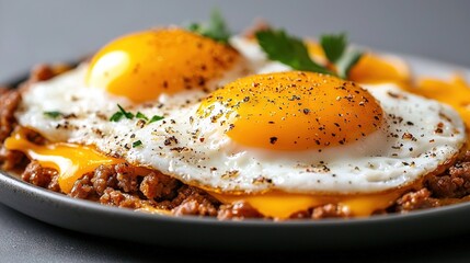   A close-up image shows two fried eggs on top of a blend of meat and cheese in a plate of food