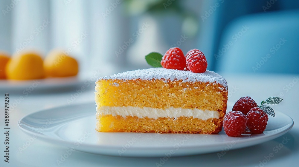 Poster a close-up of a cake on a plate with raspberries and oranges visible in the background