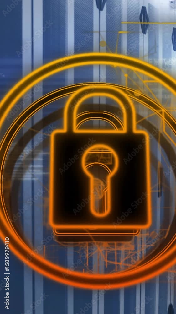 Poster lock icon animation over server room, representing data security and protection