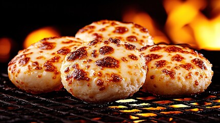   A close-up of three pizzas on a grill with a fire in the background