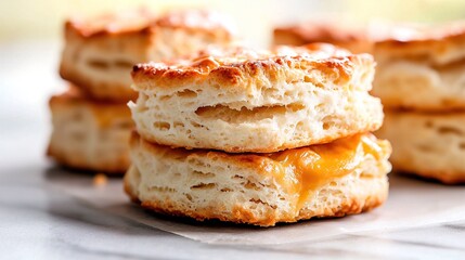   A white table holds a stack of biscuits resting atop wax paper