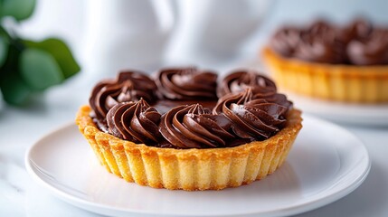   A cupcake with chocolate frosting sits on a plate beside another cupcake on a table