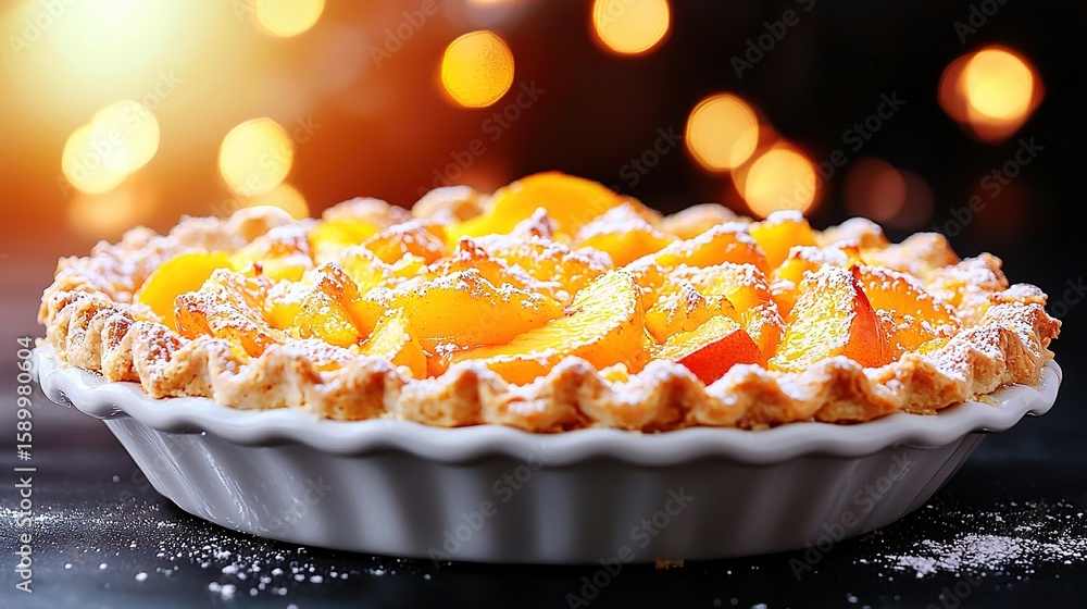 Poster a close-up of a pie on a table with a blurry light in the background and a boke of lights