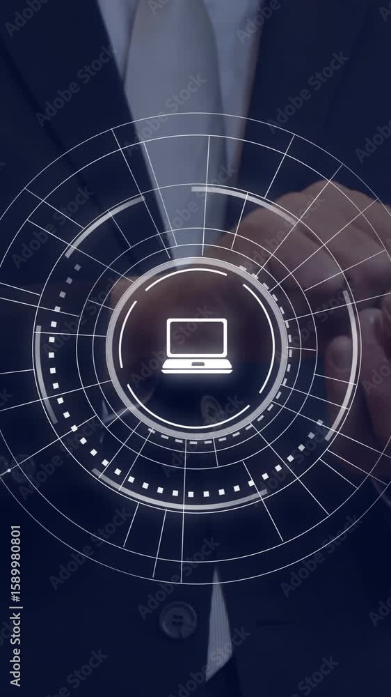Poster using smartphone, businessman viewing digital network and technology icons animation