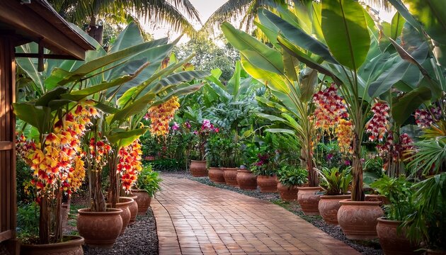 vibrant thai style home garden featuring lush banana trees colorful orchids and charming pathway lined with pots scene evokes sense