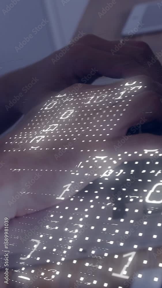 Poster Hands typing on laptop keyboard with binary code animation overlay