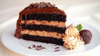   A chocolate cake sits atop a white plate, with another slice of chocolate cake placed on top