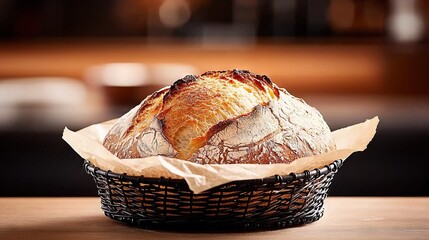   A close-up image of a loaf of bread in a woven basket resting atop a wooden table, with the backdrop of a rustic room