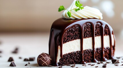   A perfectly delectable chocolate cake, adorned with creamy white frosting and an elegant green garnish, perches gracefully atop the table