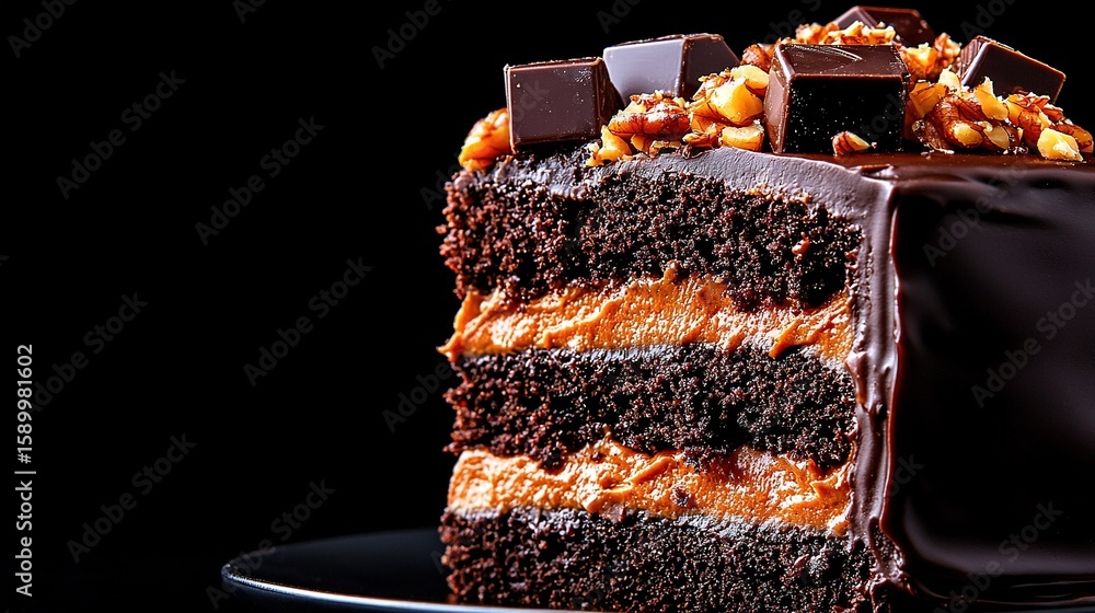 Poster a close-up of a cake slice with chocolate frosting and nuts on top is displayed
