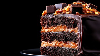   A close-up of a cake slice with chocolate frosting and nuts on top is displayed