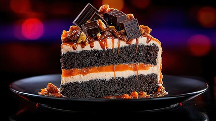   A cake on a black plate, topped with caramel and chocolate, is drizzled with caramel