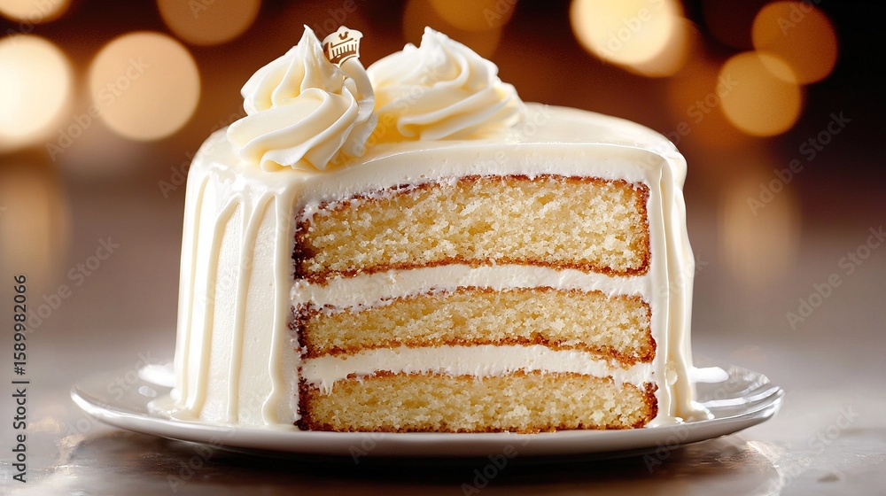 Poster close-up of cake on plate with fork on table under lit background