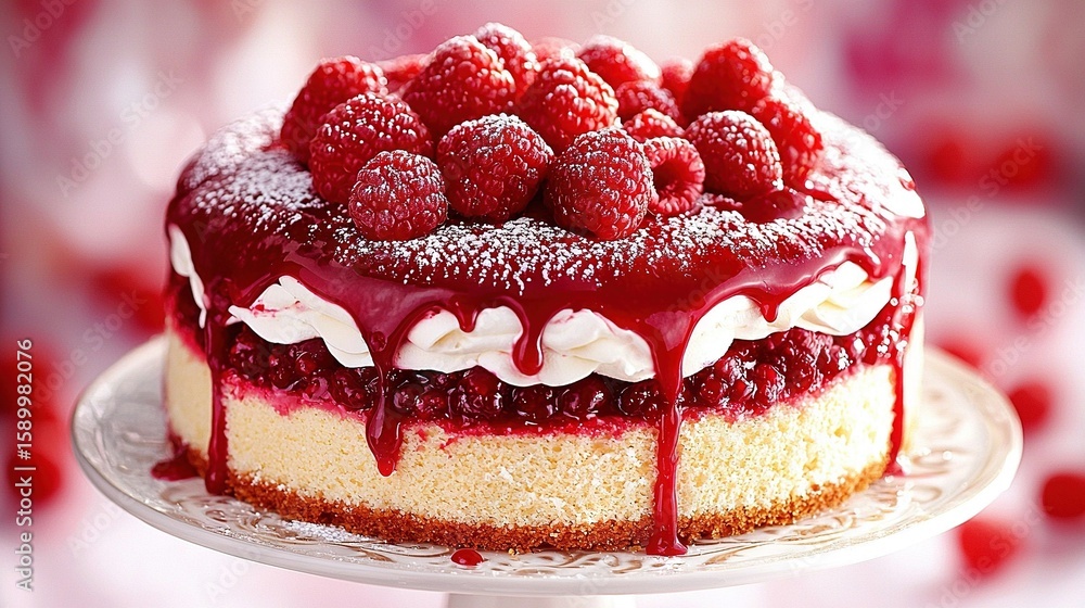 Poster a cake in close-up with raspberries on top and a drizzle of icing