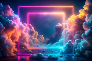 3d render, abstract minimal background with pink blue yellow neon light square frame with copy space, illuminated stormy clouds, glowing geometric shape