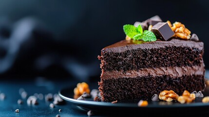   A chocolate cake sits atop a plate, adorned with nuts and fresh mint leaves