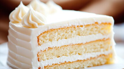   A zoomed-in image of a cake slice with white icing on a plate and a person in the background