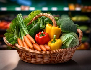 fresh vegetables in a basket vibrant colors with a grocery store backdrop
