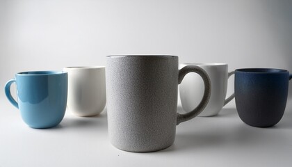 several ceramic mugs stand on a white surface