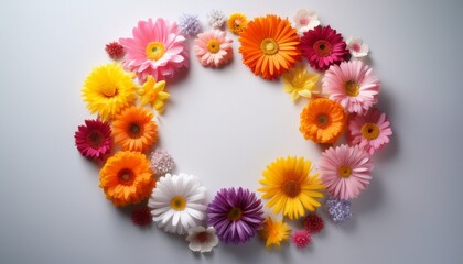 vibrant flowers arranged in a circle on a bright surface during daylight hours