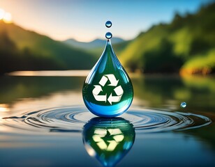 a water droplet with a recycling symbol reflects nature s beauty in a serene landscape