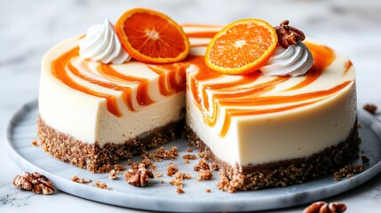  A platter featuring a sliced cheesecake surrounded by pecans and oranges