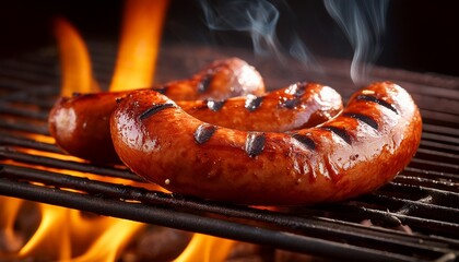 grilled sausages sizzling over flames on a barbecue grill