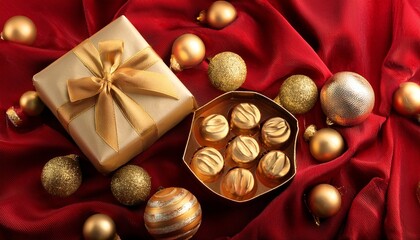 gift box and sweets on red fabric golden baubles in center