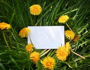blank white card lies in green grass with dandelion flowers