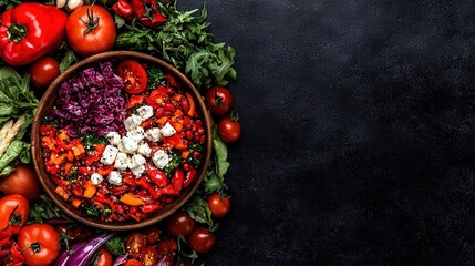   A bowl brimming with various veggies alongside a heap of other produce