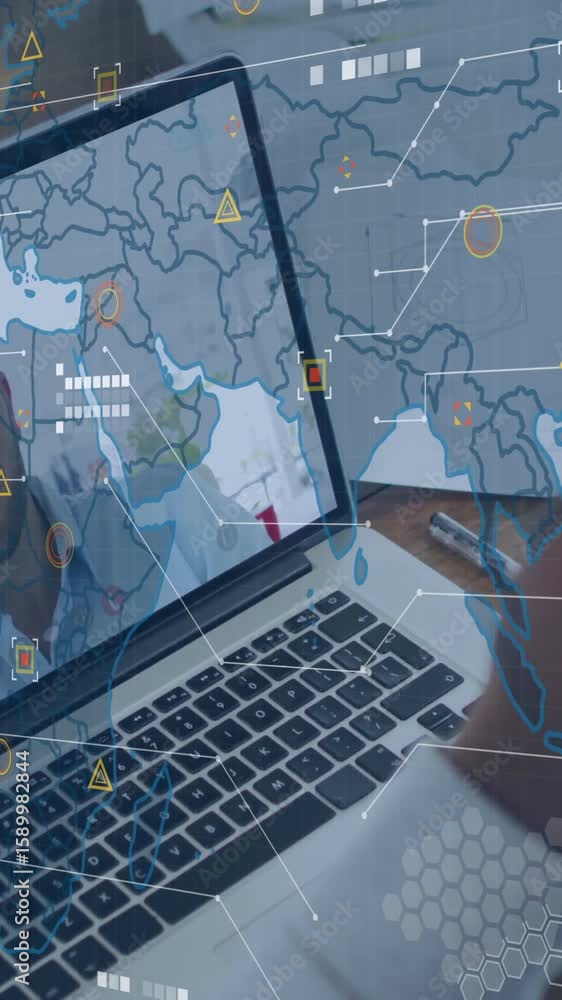 Poster man on video call overlaid with global network and data processing animation
