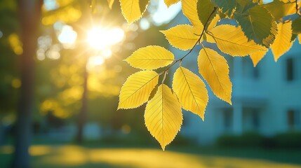  Tree branch with yellow leaves in foreground, sun shining through leaves, house in background