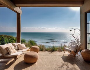 relaxing coastal retreat with natural decor and ocean view from a cozy seating area