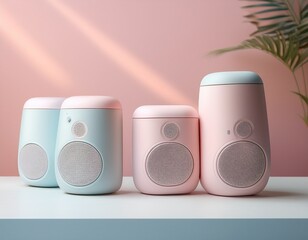 pale pastel bluetooth wireless music speakers are placed on a white platform with a soft minimalist design modern simplicity and pastel aesthetic