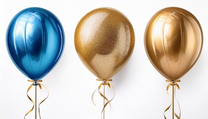 concept blue and gold balloons with metallic texture and a ribbon tied at home one on white isolated background
