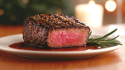  A perfectly cooked steak adorning a pristine white platter, smothered in rich sauce and elegantly garnished with a fragrant sprig of