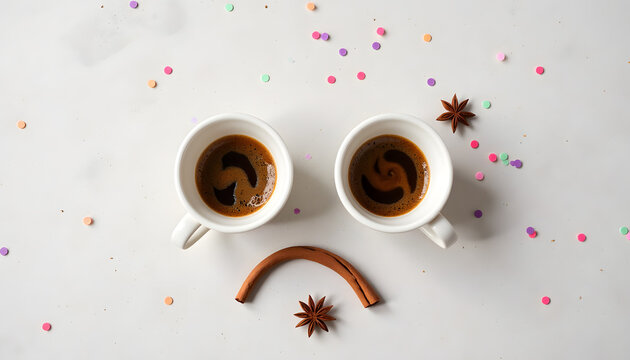 Playful flat-lay minimalism with two espresso cups as eyes and curved cinnamon stick beneath