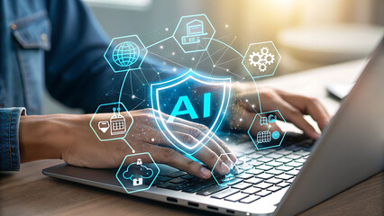 A person is typing on a laptop with an ai shield and interconnected icons floating above, symbolizing artificial intelligence technology and cybersecurity solutions