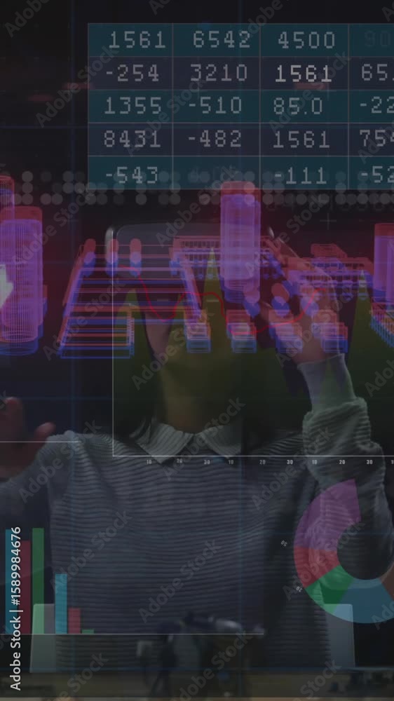 Poster using virtual reality headset, person viewing financial data and graphs animation