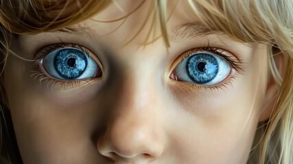 Pretty eyes of a little blonde girl. Cute child with beautiful blue eyes looking into the camera close-up footage - Powered by Adobe